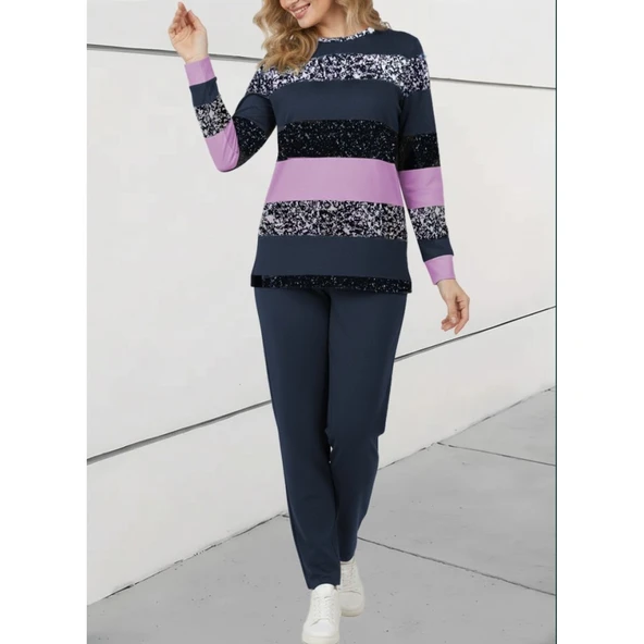 Lucky Life Kadın Uzun Kollu Bisiklet Yaka çizgili Desen Iki Iplik Bluz Ve Pantolon Ikili Takım - Resim 2