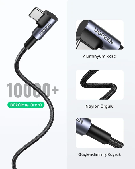 UGREEN USB-C to USB-A 3A QC 90 Derece Hızlı Şarj Kablosu, 1 Metre, Uzay Girişi, 50941 - Resim 6