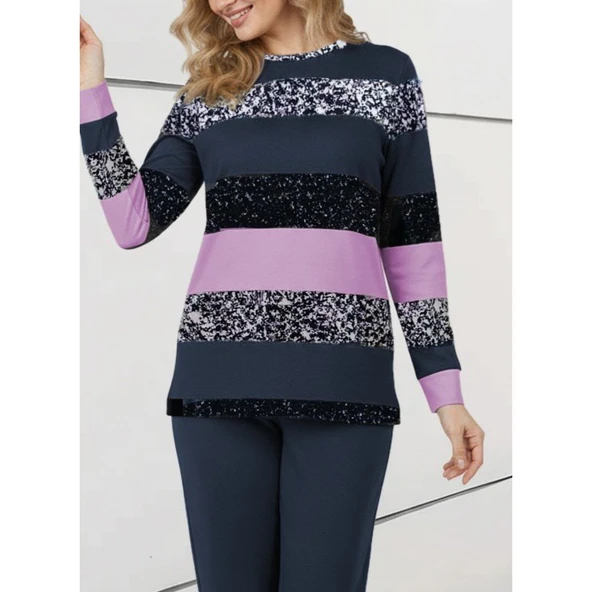 Lucky Life Kadın Uzun Kollu Bisiklet Yaka çizgili Desen Iki Iplik Bluz Ve Pantolon Ikili Takım ürün görseli