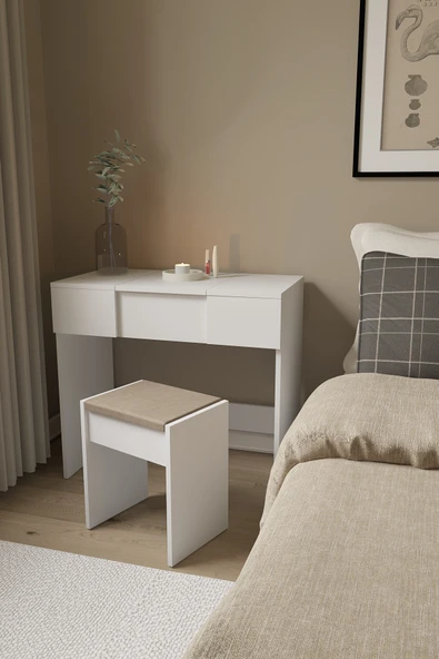 DF02101B Çekmeceli Aynalı Makyaj Masası Beyaz - Resim 2