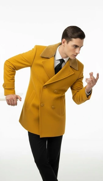 Erkek Kürklü Yaka Kaşe Kaban – Slim Fit Çift Düğmeli Kışlık Mont - Resim 5