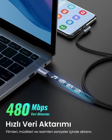 UGREEN USB-C to USB-A 3A QC 90 Derece Hızlı Şarj Kablosu, 1 Metre, Uzay Girişi, 50941 - Resim 4