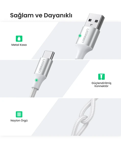 UGREEN Örgülü USB Type-C Şarj ve Data Kablosu, 50 cm, 60130 - Resim 6