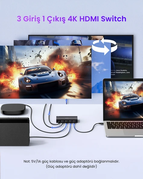 UGREEN 3-in-1 4K@60Hz HDMI Uzaktan Kumandalı Switch, 55857 - Resim 2
