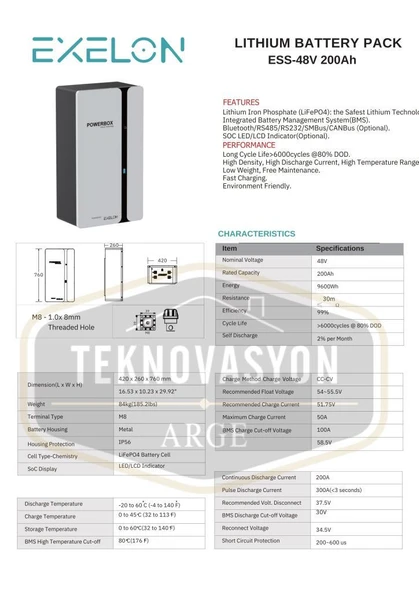Exelon 48 V 200 Ah Lityum Akü Duvar Tipi - Resim 2