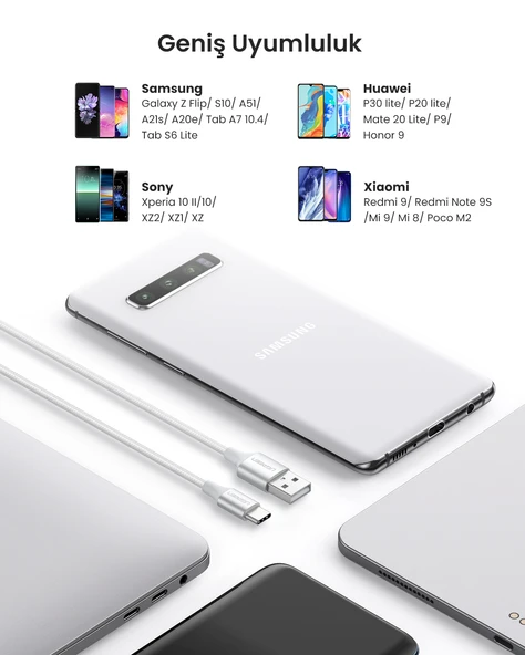 UGREEN Örgülü USB Type-C Şarj ve Data Kablosu, 50 cm, 60130 - Resim 3