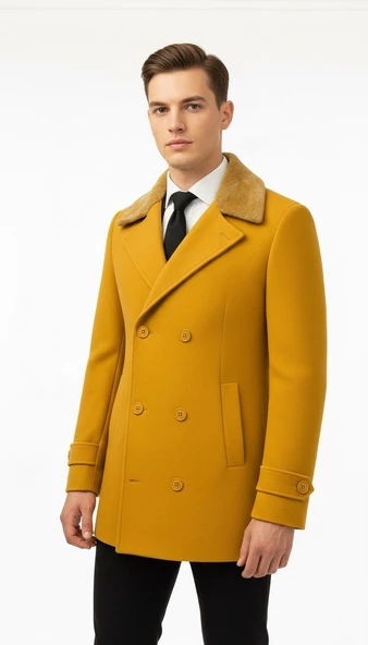 Erkek Kürklü Yaka Kaşe Kaban – Slim Fit Çift Düğmeli Kışlık Mont - Resim 2