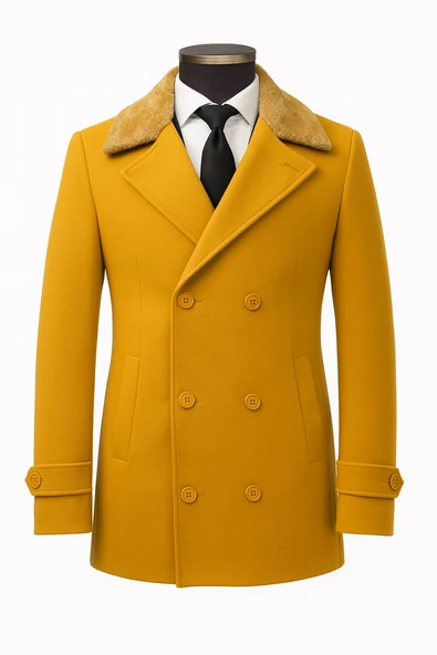 Erkek Kürklü Yaka Kaşe Kaban – Slim Fit Çift Düğmeli Kışlık Mont ürün görseli