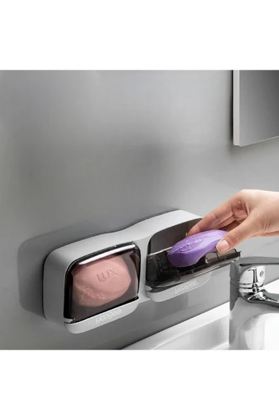 Kapaklı 2 Bölmeli Sabunluk Süngerlik Yapışkanlı Duvara Monte Banyo Mutfak Su Tutmaz Sünger Tutucu ürün görseli 1