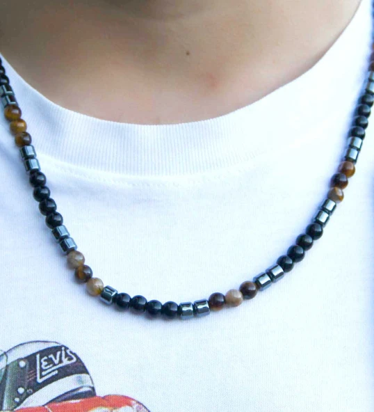 Doğal Taş Erkek Kaplangözü Oniks Hematit Doğal Taş Kolye Bileklik Set eus1kho ürün görseli