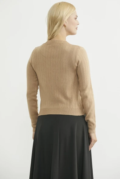 Cep Detaylı Düğmeli Triko Hırka - Kamel - Resim 4