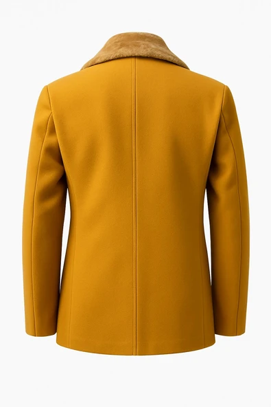 Erkek Kürklü Yaka Kaşe Kaban – Slim Fit Çift Düğmeli Kışlık Mont - Resim 3