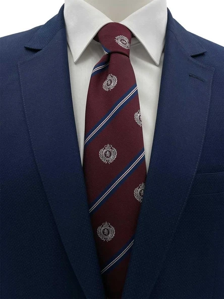 Brianze 8 Cm Bordo Lacivert Çizgili Arma Desenli Kravat ürün görseli 1