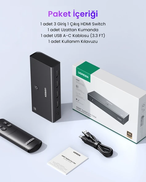 UGREEN 3-in-1 4K@60Hz HDMI Uzaktan Kumandalı Switch, 55857 - Resim 8