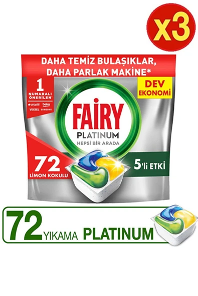 Fairy Platinum Limon Kokulu Bulaşık Makinesi Deterjanı Kapsülü  72 Yıkama x3 Adet ürün görseli 1