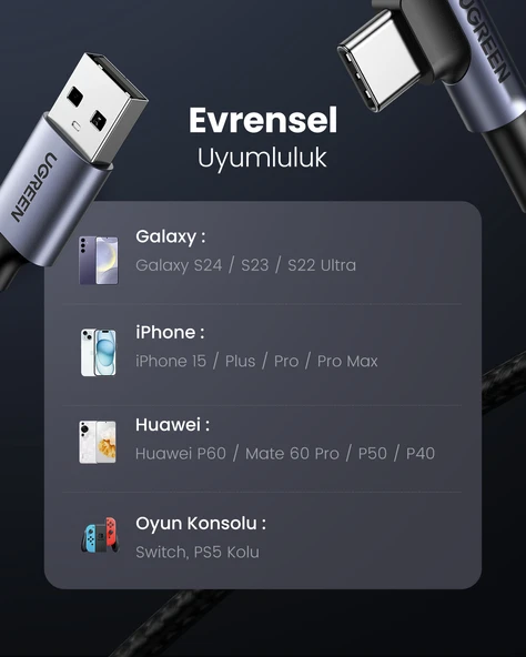 UGREEN USB-C to USB-A 3A QC 90 Derece Hızlı Şarj Kablosu, 1 Metre, Uzay Girişi, 50941 - Resim 7