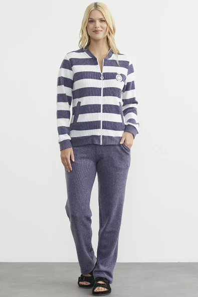 Fitilli Çizgi Kombinli Pijama Takım - Lacivert - Resim 4