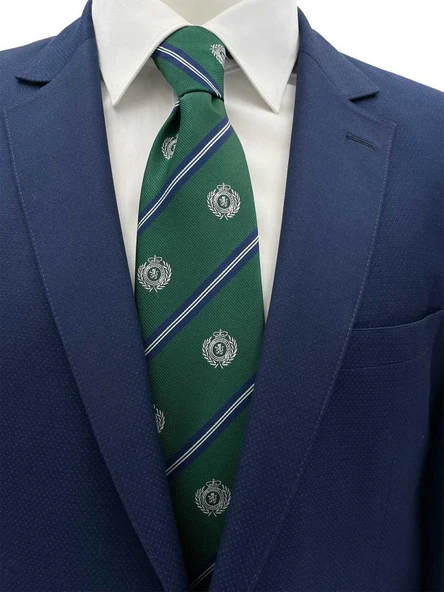 Brianze 8 Cm Yeşil Lacivert Çizgili Arma Desenli Kravat ürün görseli 1