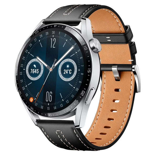 Huawei Watch GT3 Pro GT3 GT2 46mm İle Uyumlu Dikiş Desenli Deri Metal Tokalı Akıllı Saat Kordonu  Siyah ürün görseli