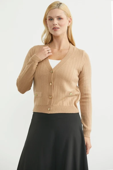 Cep Detaylı Düğmeli Triko Hırka - Kamel - Resim 2