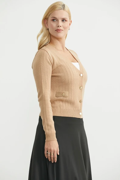 Cep Detaylı Düğmeli Triko Hırka - Kamel - Resim 3