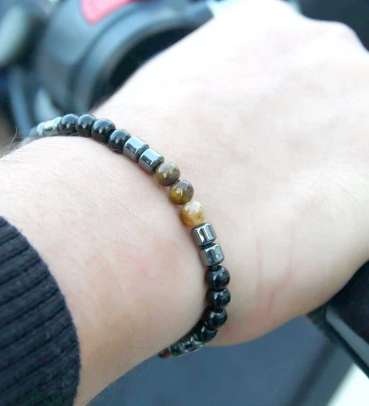 Doğal Taş Erkek Kaplangözü Oniks Hematit Doğal Taş Kolye Bileklik Set eus1kho - Resim 4