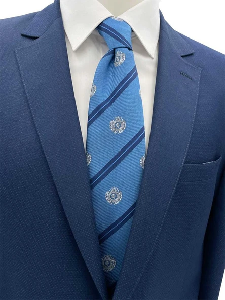 - Brianze 8 Cm Mavi Lacivert Çizgili Arma Desenli Kravat ürün görseli 1