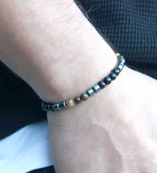 Doğal Taş Erkek Kaplangözü Oniks Hematit Doğal Taş Kolye Bileklik Set eus1kho - Resim 3