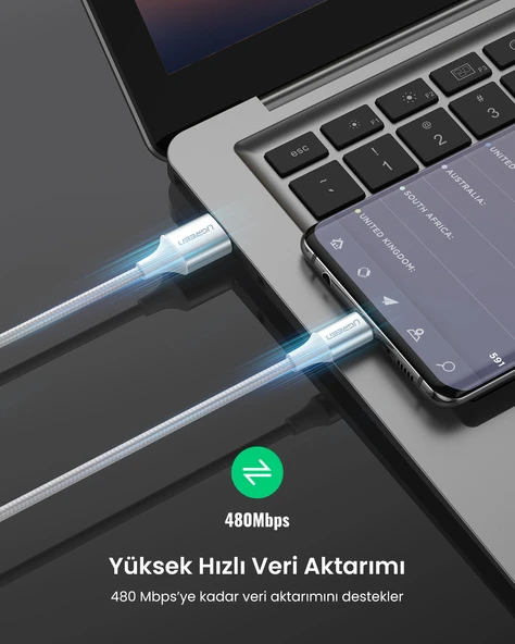 UGREEN Örgülü USB Type-C Şarj ve Data Kablosu, 50 cm, 60130 - Resim 4