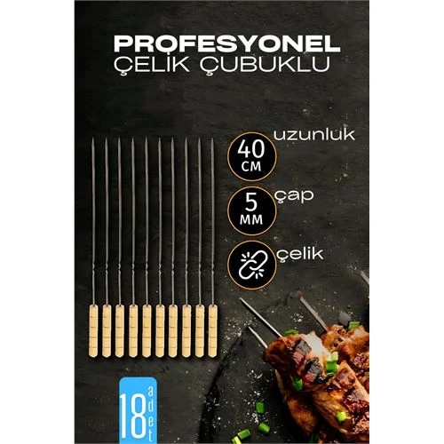 Çelik Şiş Çubuğu - Mangal Şişi Ahşap Saplı Kebap Şişi  18 Adet ürün görseli