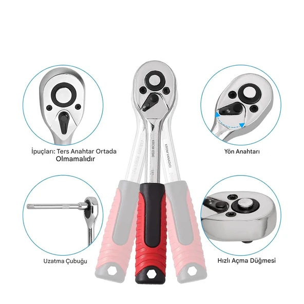 Lokma Seti 108 Parça 1/2'' 1/4'' Cr-V Çelik 6 Köşe Lokma Anahtar Takımı Profosyonel Tamir Seti - Resim 4