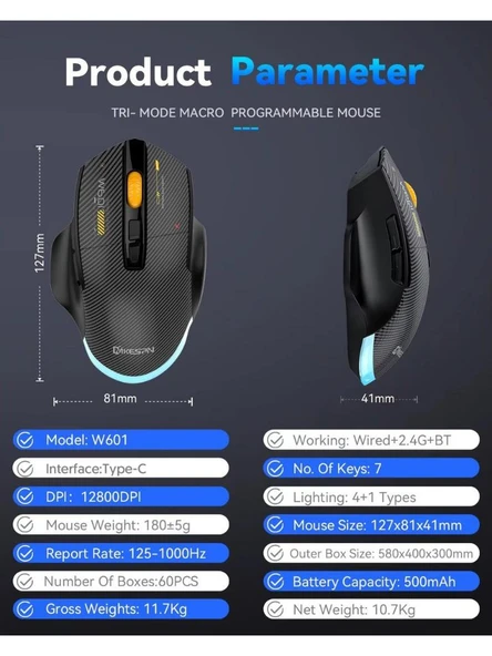 Alfalink SXS-W601 RGB 12800 DPI Siyah 7D Makrolu Kablusuz+BT Gaming Oyuncu Mouse - Resim 6