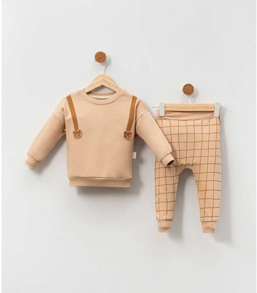 Ayıcık Nakışlı Erkek Bebek Bej İkili Takım ürün görseli