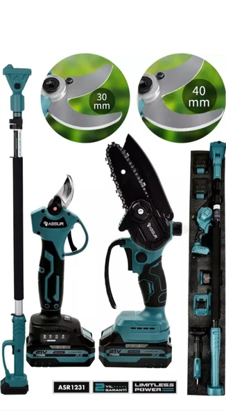 Profesyonel 3'lü Set 21V Çift Akülü Teleskopik Kollu Bağ Makası & Budama Testeresi ürün görseli 1