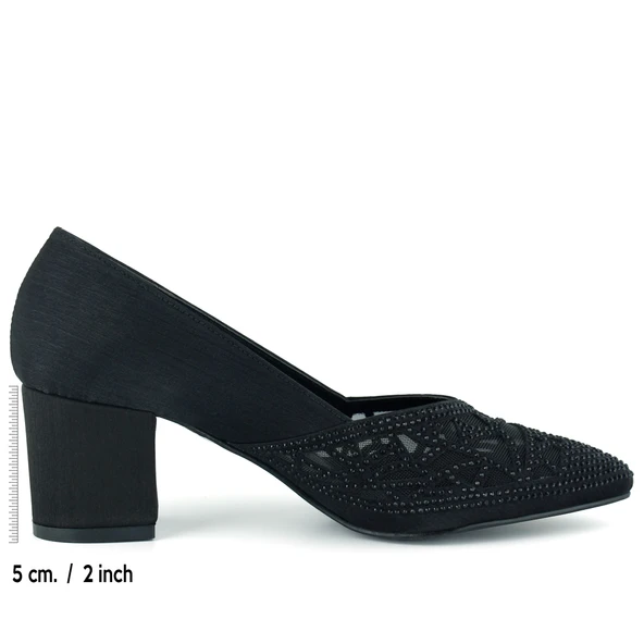 Erkan Saçmacı Patricia Siyah Saten Taşlı Fileli Sivri Burun Kalın Topuklu Klasik Ayakkabı - Resim 2