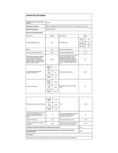 Profilo CMN12190TR 1200 Devir 9 KG Çamaşır Makinesi - Resim 5