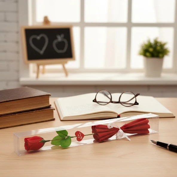 Şeffaf Kutulu Kraponlu Gül - Öğretmenler Günü Hediyesi - Resim 2