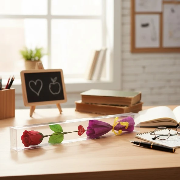 Şeffaf Kutulu Kraponlu Gül - Öğretmenler Günü Hediyesi - Resim 3