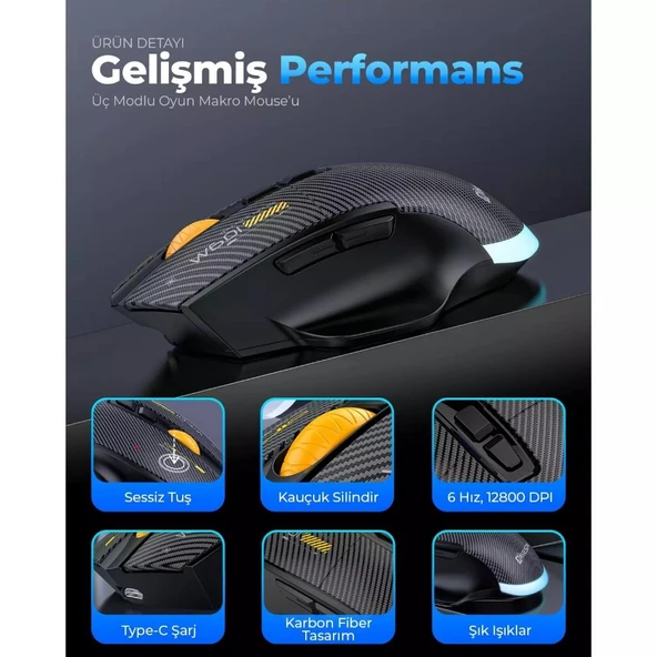 Alfalink SXS-W601 RGB 12800 DPI Siyah 7D Makrolu Kablusuz+BT Gaming Oyuncu Mouse - Resim 2
