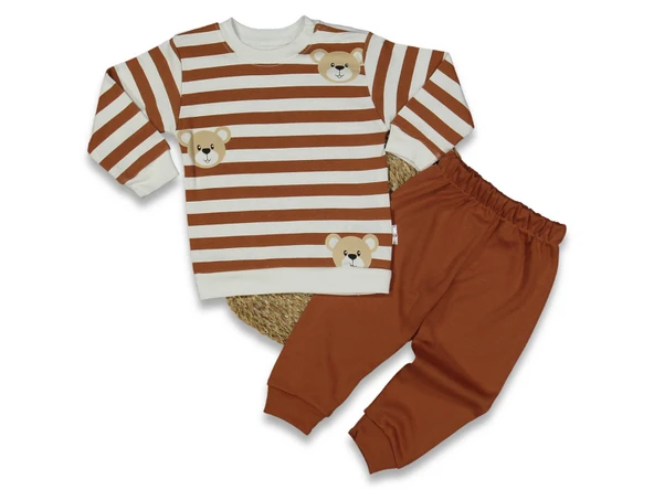 Çizgili Ayıcık Desenli Tarçın Erkek Bebek Takımı ürün görseli