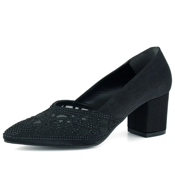 Erkan Saçmacı Patricia Siyah Saten Taşlı Fileli Sivri Burun Kalın Topuklu Klasik Ayakkabı ürün görseli