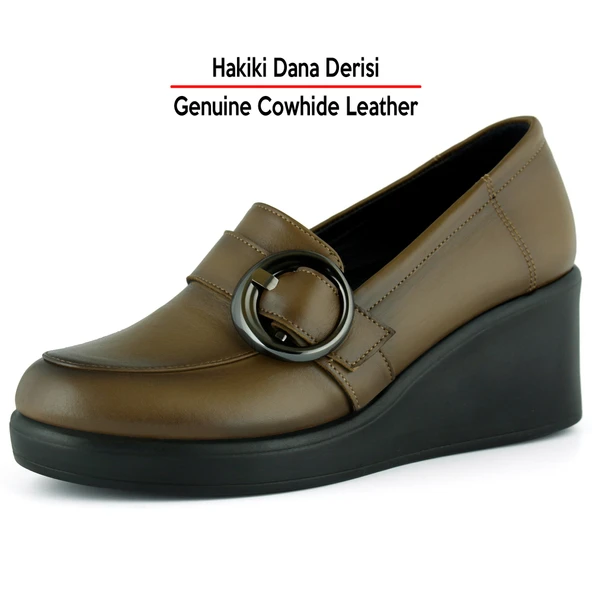 Erkan Saçmacı Madeline Ceviz Hakiki Dana Derisi Tokalı Yuvarlak Burun Dolgu Topuklu Günlük Ayakkabı - Resim 7