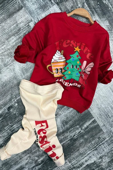 Kız Çocuk Friends Yazı ve Noel Ağacı Detaylı Kırmızı Taytlı Takım - Resim 3