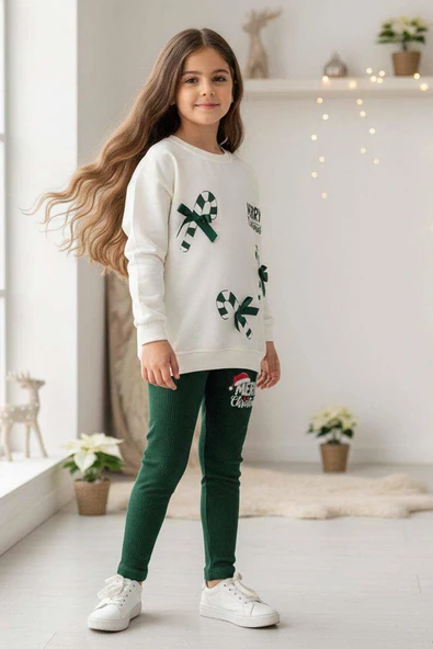 Kız Çocuk Üzerinde Baston Şeker ve Christmas Baskılı 2 İpli Kazak Fitilli Yeşil Taytlı Takım ürün görseli