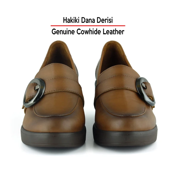 Erkan Saçmacı Madeline Taba Hakiki Dana Derisi Tokalı Yuvarlak Burun Dolgu Topuklu Günlük Ayakkabı - Resim 4