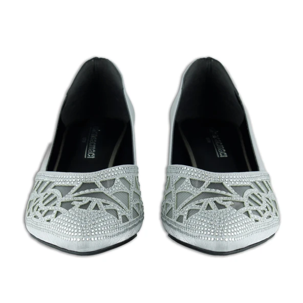 Erkan Saçmacı Patricia Gümüş Saten Taşlı Fileli Sivri Burun Kalın Topuklu Klasik Ayakkabı - Resim 4