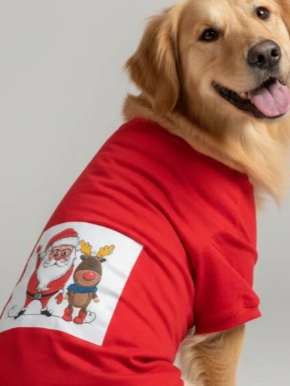 Noel Baba ve Geyik Baskılı Kırmızı Pamuklu Yılbaşı Köpek Tişörtü | Orta ve Büyük Irklar İçin - Resim 7