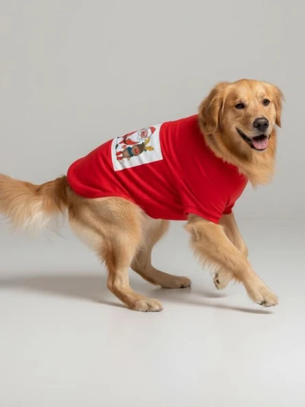 Noel Baba ve Geyik Baskılı Kırmızı Pamuklu Yılbaşı Köpek Tişörtü | Orta ve Büyük Irklar İçin - Resim 6