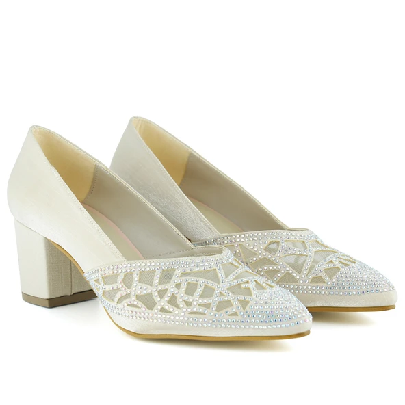 Erkan Saçmacı Patricia Ten Saten Taşlı Fileli Sivri Burun Kalın Topuklu Klasik Ayakkabı - Resim 3