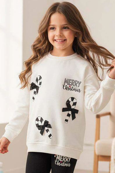 Kız Çocuk Üzerinde Baston Şeker ve Christmas Baskılı 2 İpli Kazak Fitilli Siyah Taytlı Takım - Resim 4